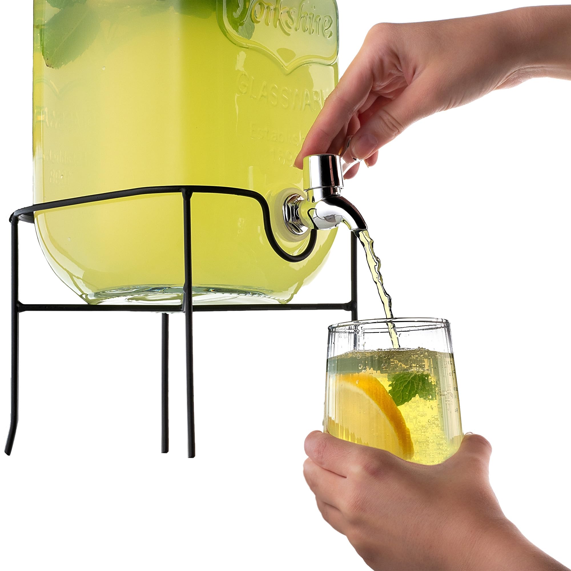 KADAX Distributore di bevande 4L con supporto, dispenser di succo in vetro, erogatore di acqua con rubinetto e coperchio, distributore di limonata, dispenser per bevande fredde (modello 3)