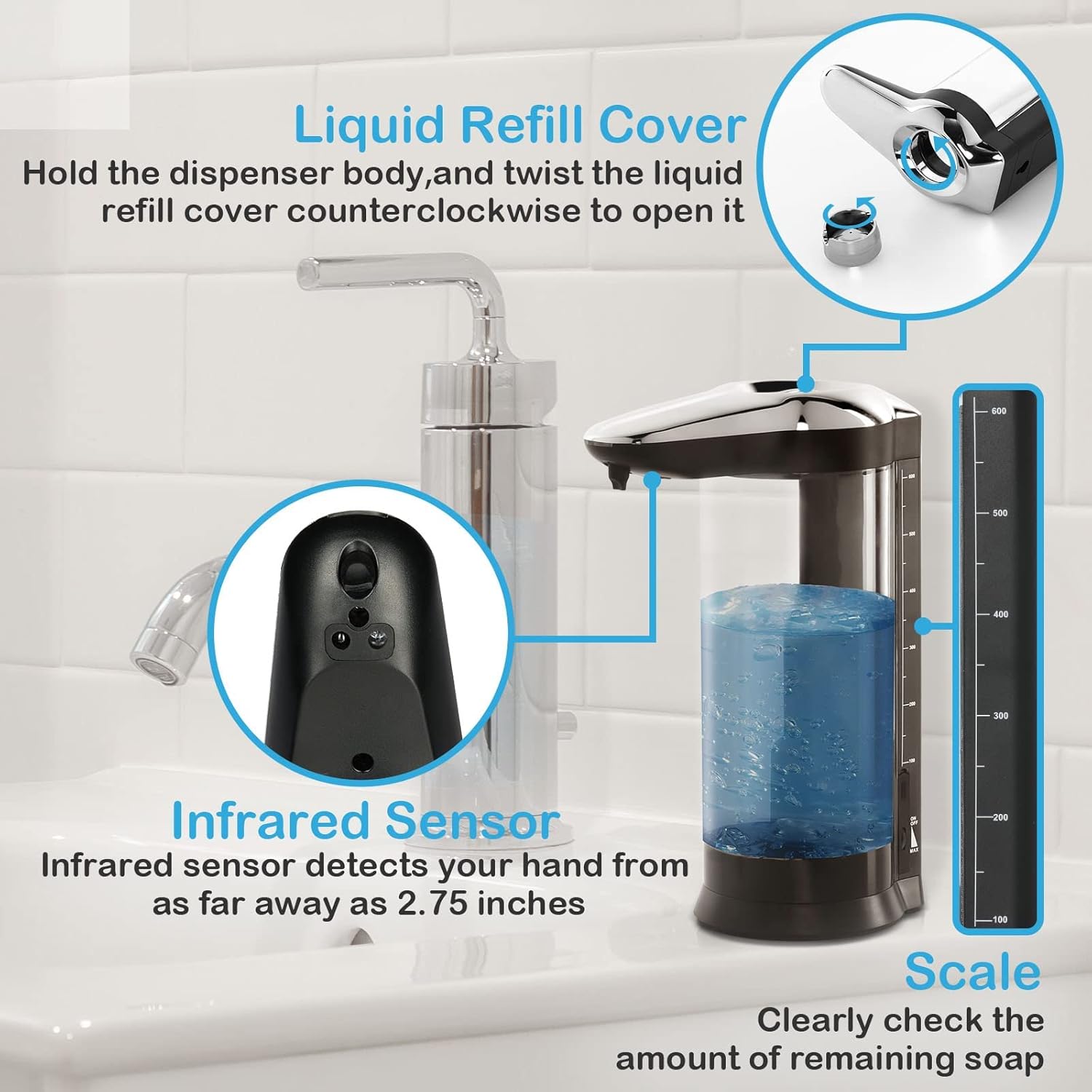 Simple Deluxe Automatic Liquid Soap Dispenser, Touchless Infrared Sensor, with Type C USB Charging Cable, Hands Free for Bathroom, Countertop or Kitchen, 650ml/22oz, 2-Pack : Home & Kitchen
