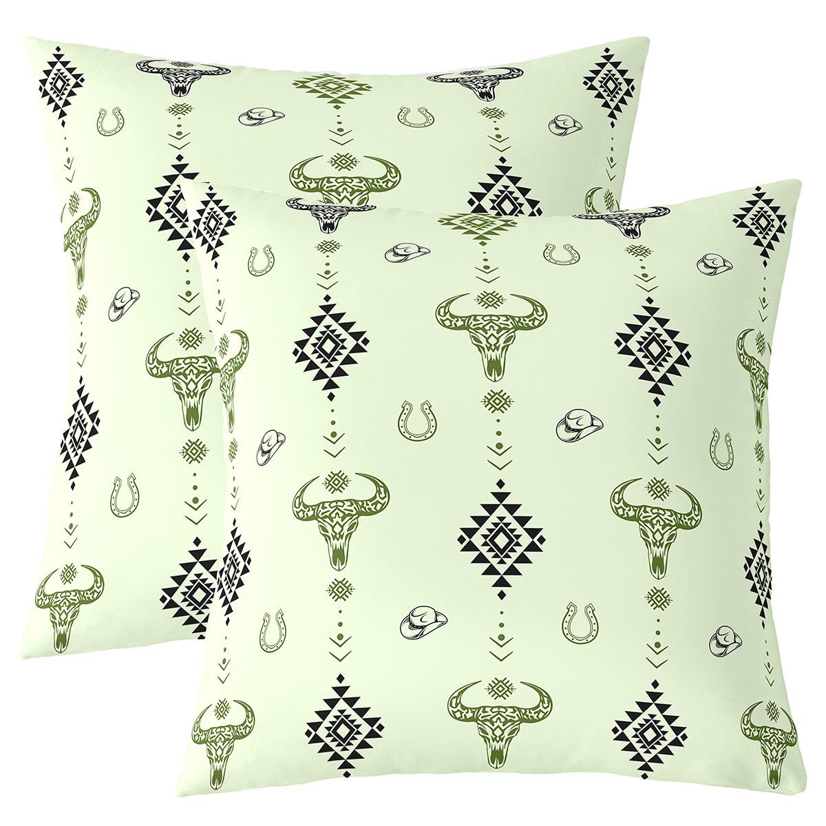 Housse de coussin 60x60 aztèque taie d'oreiller crâne de taureau flèche western vert lot de 2