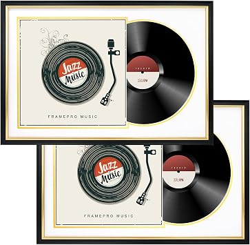 FramePro Record Frame with 2 Double Sided Mats White over Gold, Jukebox Record Album Frames for 12x12 LP Covers, Vinyl Record Display, Black Picture Frame with Gold Trim, Pack of 2