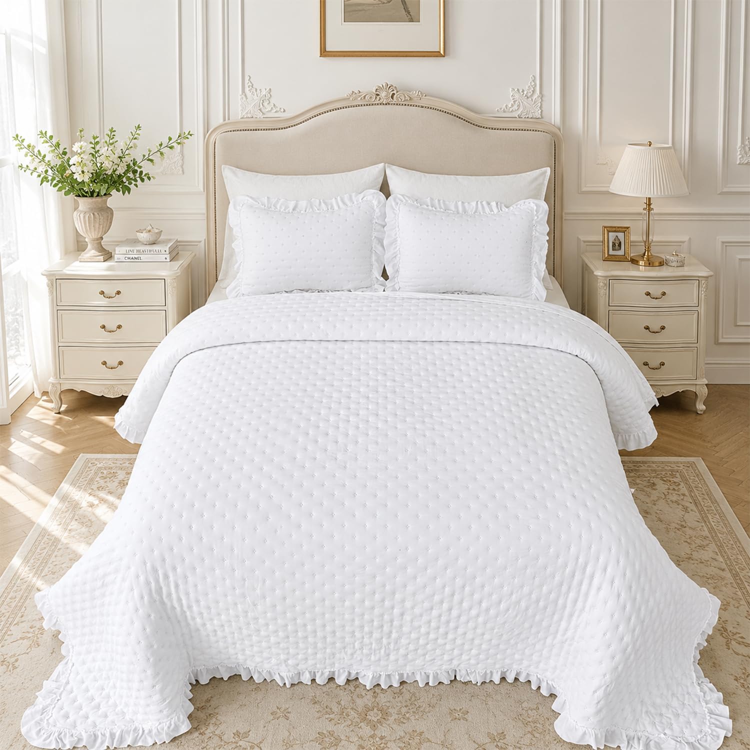 BOV Soft Lightweight White Bedding Full Size, Ruffle Bedding Set Shabby Chic Bedspread with 2 Pillow Shams, Farmhouse Quilt Set for All Season Bedroom Decor 86x86 Inch