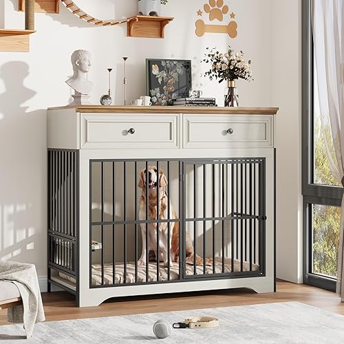 Miniatura 2 de QUW Mueble moderno para jaula de perro de 42 pulgadas, perrera de madera para perros medianos a grandes con rotación de 360 y 3 niveles de altura