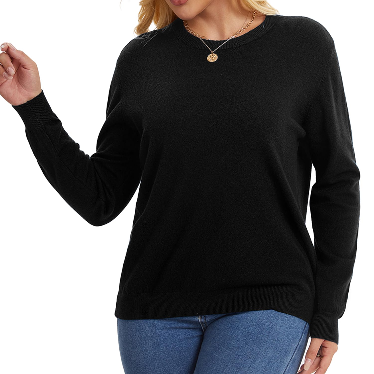 Mmyomi Women's Black Crewneck Knitted Jumper Sweater Casual Long Sleeve Pullover Lightweight Classic Blouse Tops