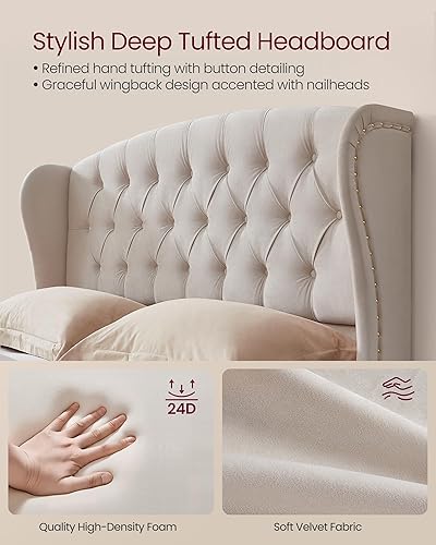 Miniatura 4 de VASAGLE Base de cama Queen con cabecero alto, base de cama tapizada tamaño Queen, con cabecero y estribo copetudos con respaldo de alas, listones de