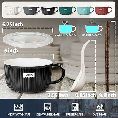 Miniatura 7 de Artena Tazones de sopa de 38 oz con asas, tapas, cucharas y palillos  Tazones de ramen de cerámica grandes de 6 pulgadas aptos para microondas,