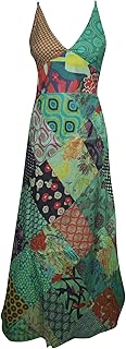 Womens Maxi Sundress Bohemian Patchwork Cotton Green Printed Summer Long Dresses S/M