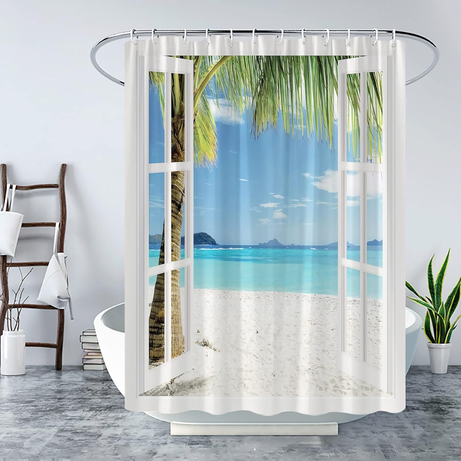 Beach Scene Shower Curtain Ocean Hawaiian Tropical Palm Trees on Island