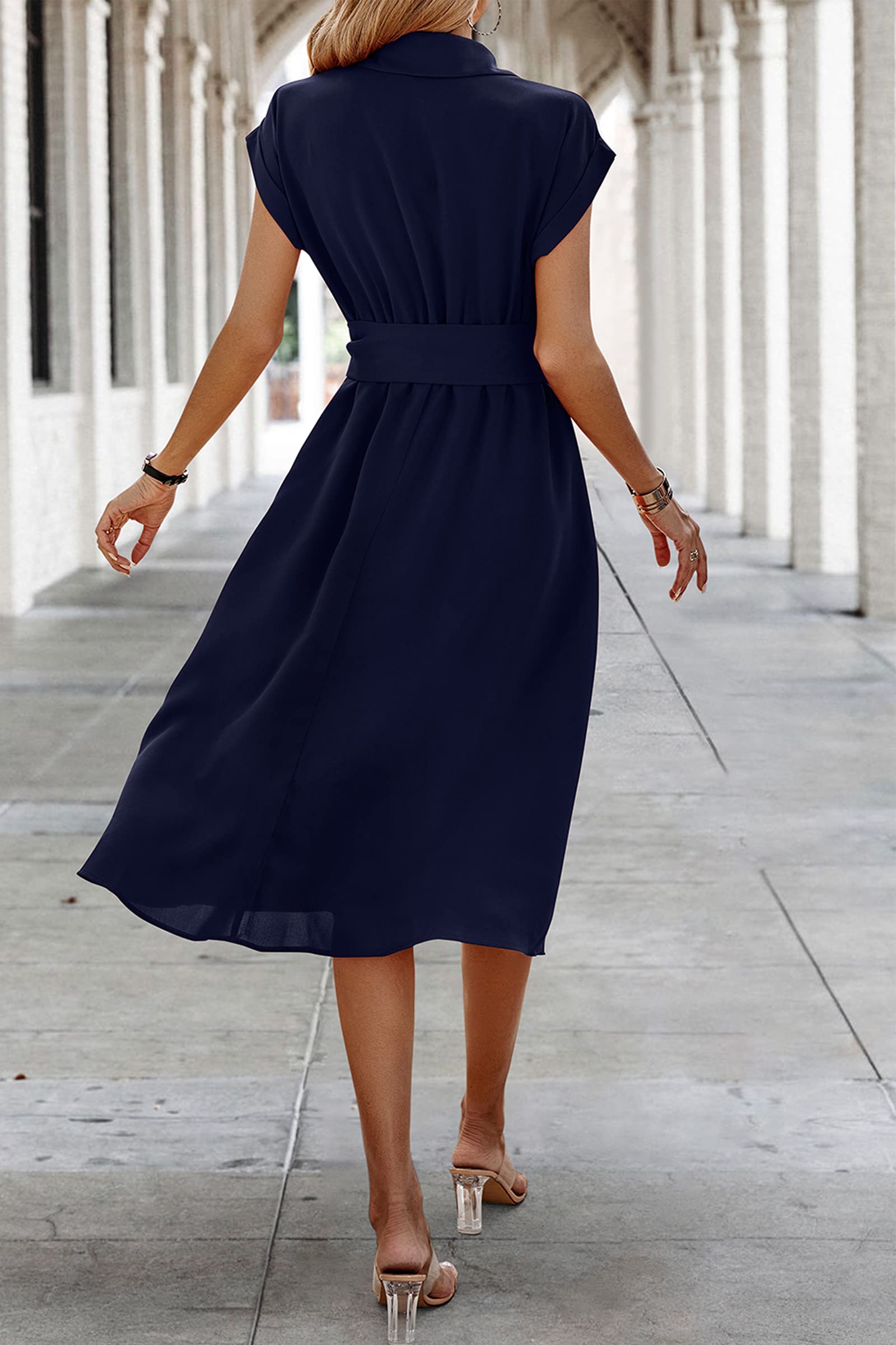 ASOMI Robe d'été pour femme, robe de cocktail, robe de plage, décontractée à manches courtes, col en V, robe midi avec ceinture, bouton de poche, bleu marine, S