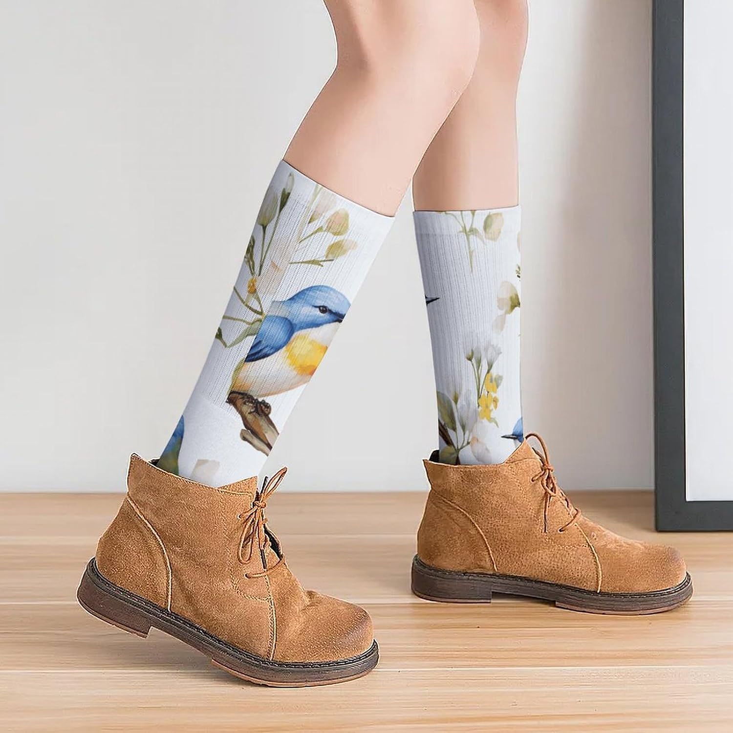 Breathable Crew Sock, Moisture Wicking, Athletic Calf Socks, Cozy | Watercolor Flowers And Birds Compression Socks for Women Men, Lightweight High Work Socks for Business, Casual