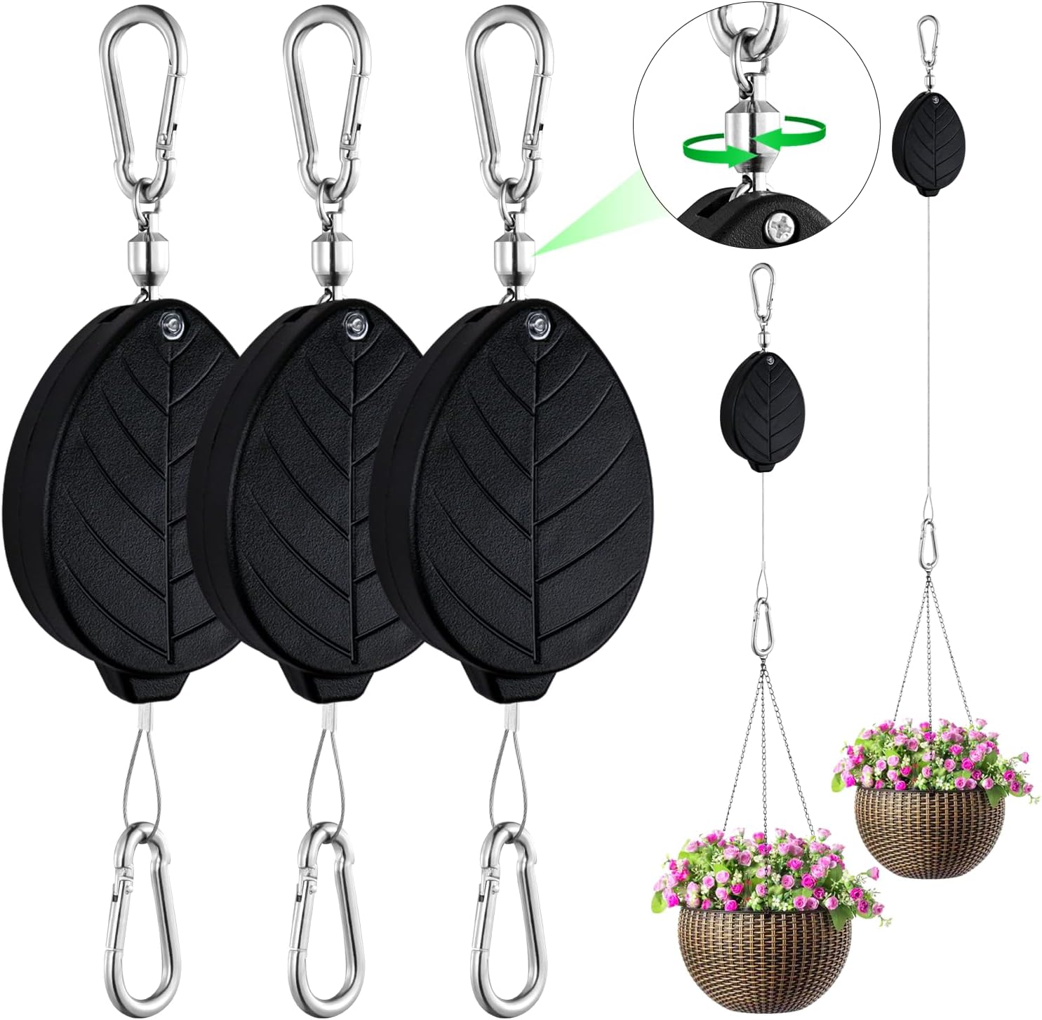 Heavy Duty Retractable Plant Hangers, Adjustable Pull-Down Pulleys with 63" Stainless Steel Rope, Double Hooks for Hanging Plants, Bird Feeders, Planters & Pots, Indoor & Outdoor Use (3Pcs- Black)
