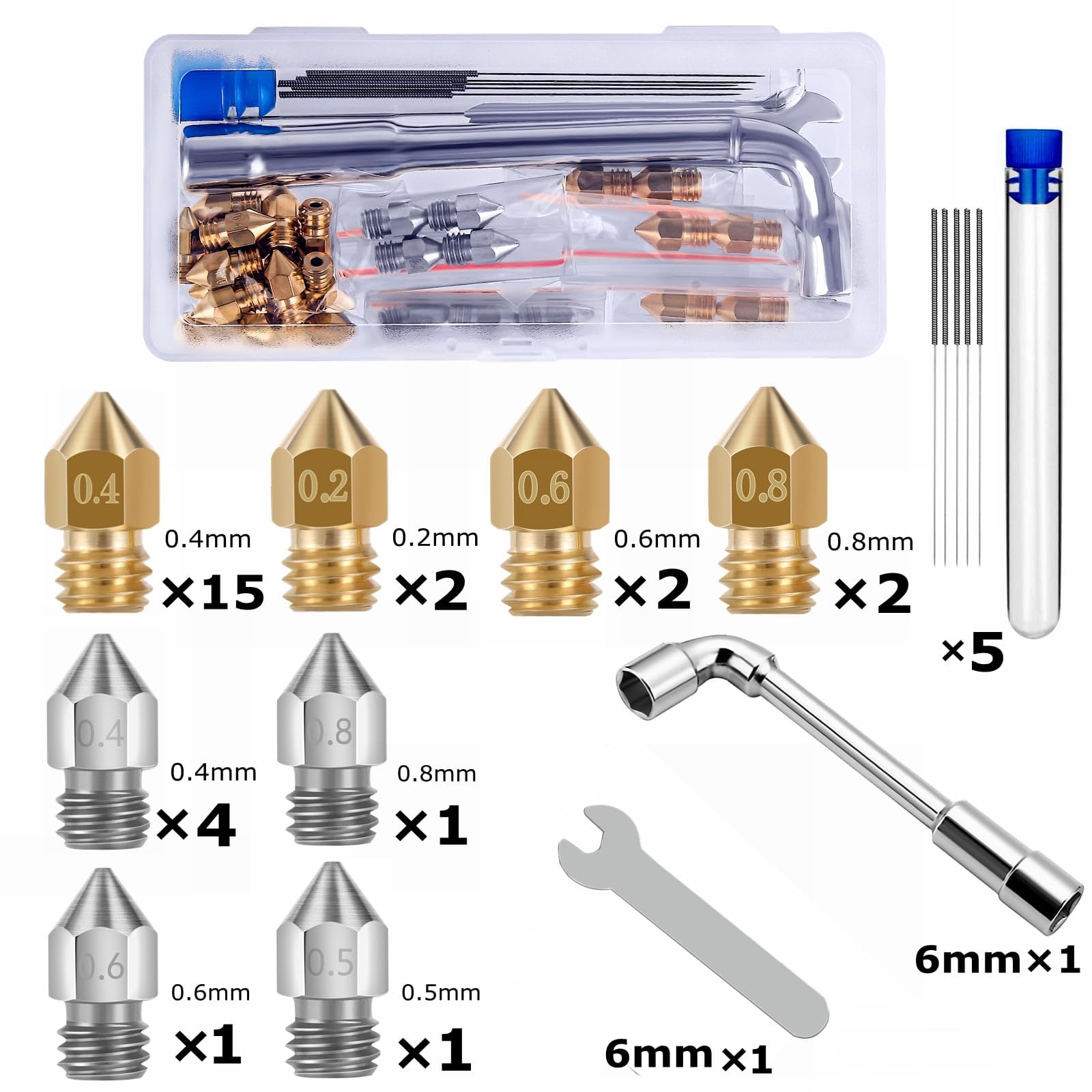 Zestaw 28 dysz do drukarki 3D, MK8 Nozzle 21 x mosiężne dysze + 7 x dysze ze stali nierdzewnej 0,2 mm 0,4 mm 0,6 mm 0,8 mm z narzędziem do czyszczenia dysz do CR-8 / CR-10 / Ender 3 / Ender 3S / 5/6