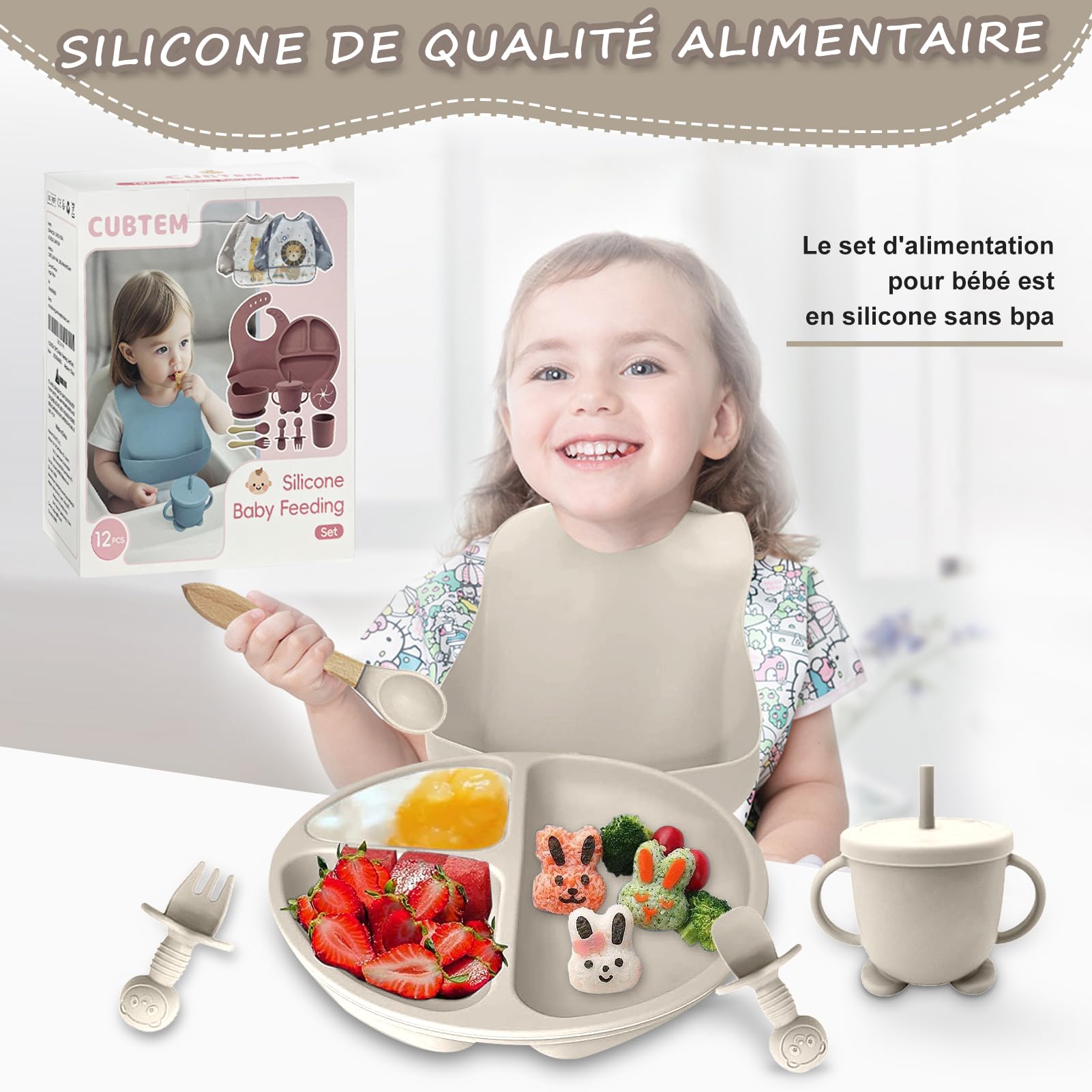 Set Pappa Svezzamento, Set di 12 Piatti per Bambini,Ventosa Ciotola e Cucchiaino per Neonati, Bavaglino in Silicone, Set di Posate per Bambini per Lo Svezzamento e L'Alimentazione