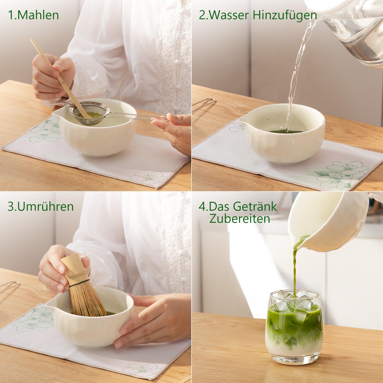 Matcha Kit 8 Piezas – Set para la Ceremonia Japonesa del Té con Cuenco con Pico, Batidor de Bambú (Chasen), Soporte, Chashaku y Tamiz – Regalo para Amantes del Matcha, Beige