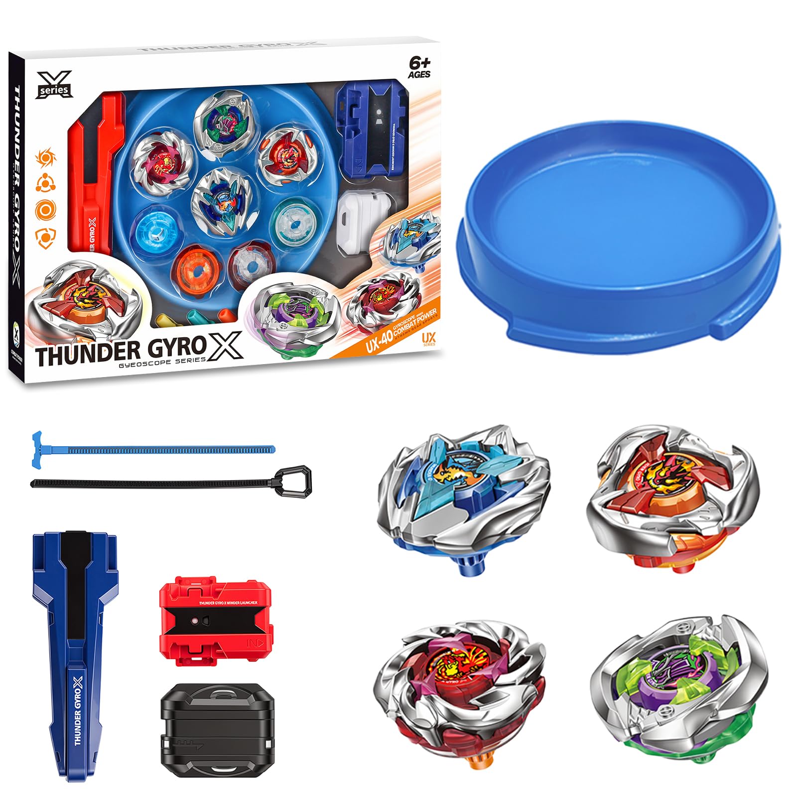 X Battling Set, 4 Spinning Tops with String Launchers, Grip & Battle Arena, Gyro Battle Toy Set with Launchers for Boys & Girls Ages 6+