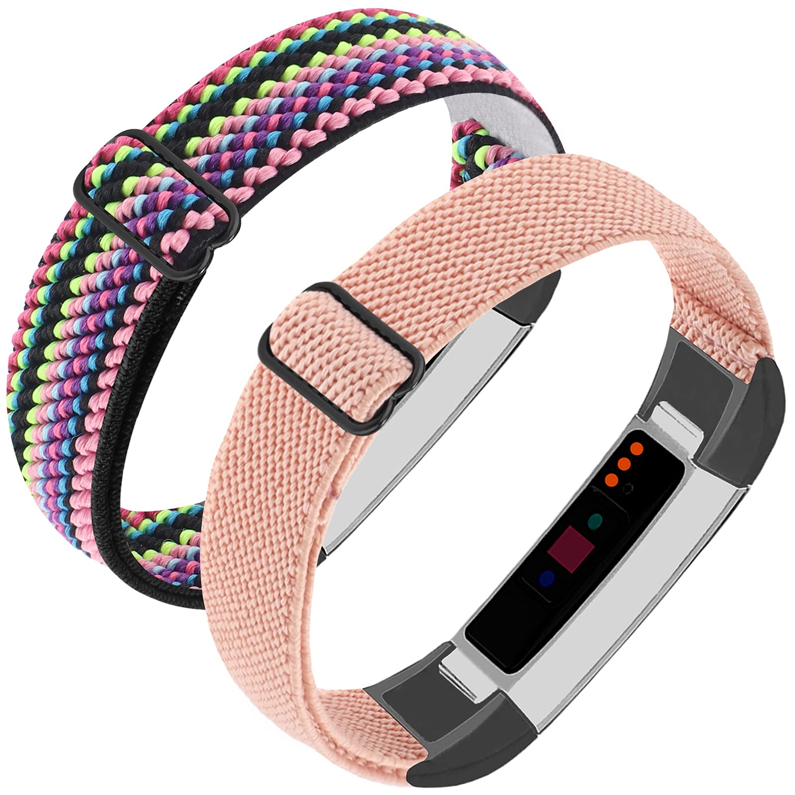 Adjustable Elastic Nylon Bands Compatible with Fitbit Alta and Alta HR Fitness Tracker, 2 Pack Braided Stretchy Wristband Accessory Bracelet Watch Strap Sport Replacement Band for Women Men (Twill Dark Pink/Candy Color)