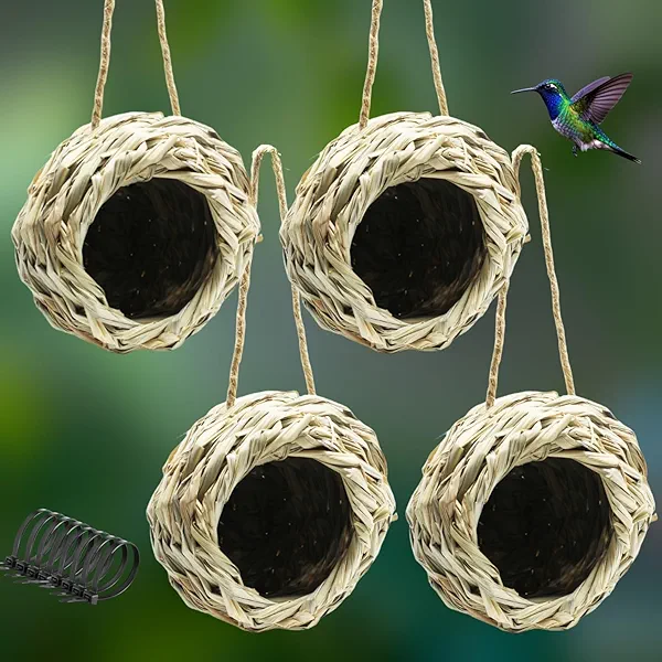 Hummingbird Houses for Outside, 4 Pack Hanging Nest, Natural Grass Bird Hut, Woven Humming Bird House, Large Wren Finch Bird House for Garden Window, Outdoor Home Decor
