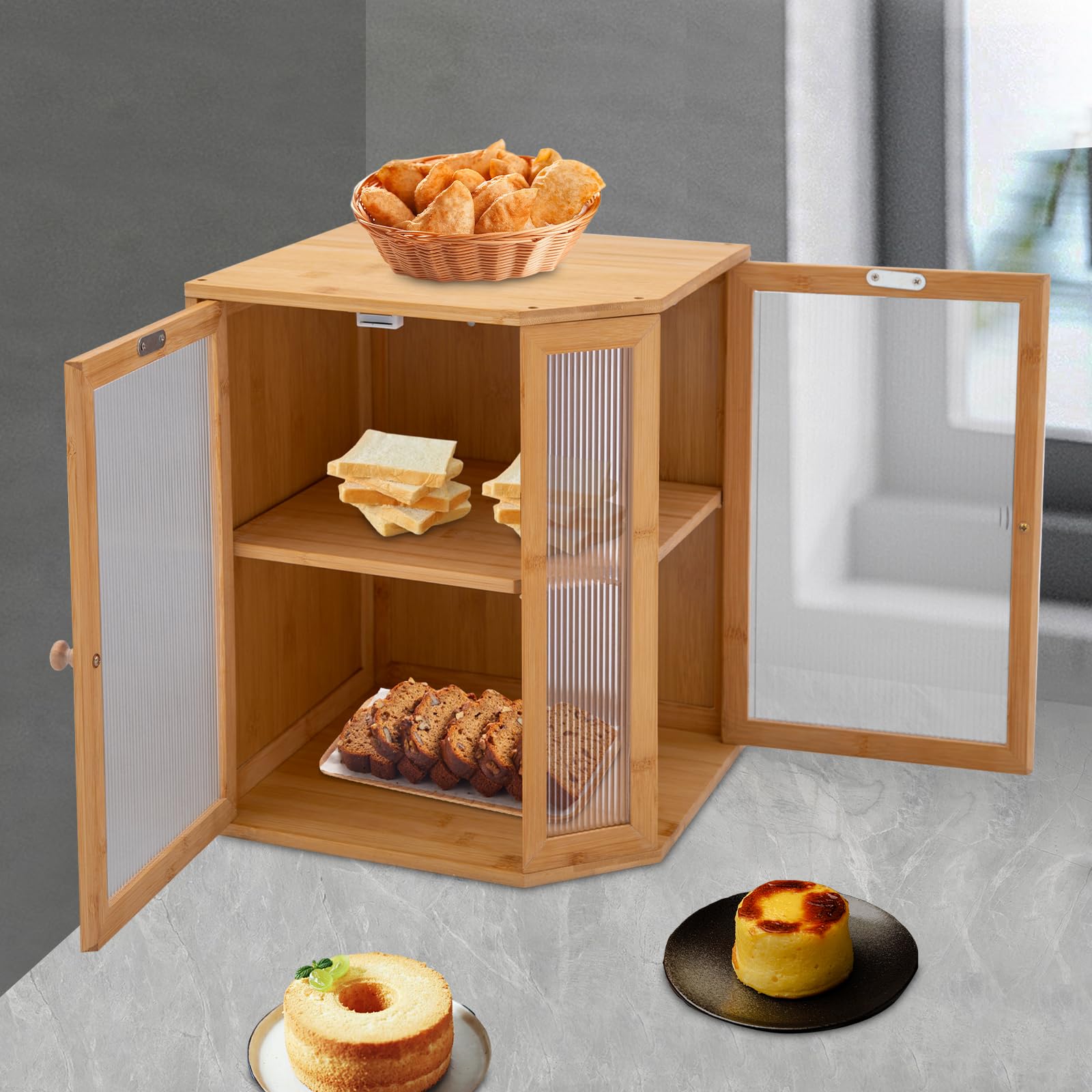 Panera de bambú, 2 estantes, gran contenedor para almacenar pan, paneles semitransparentes, capacidad de carga 15 kg, fácil de limpiar, mejor almacenamiento, 30 x 20 x 38 cm