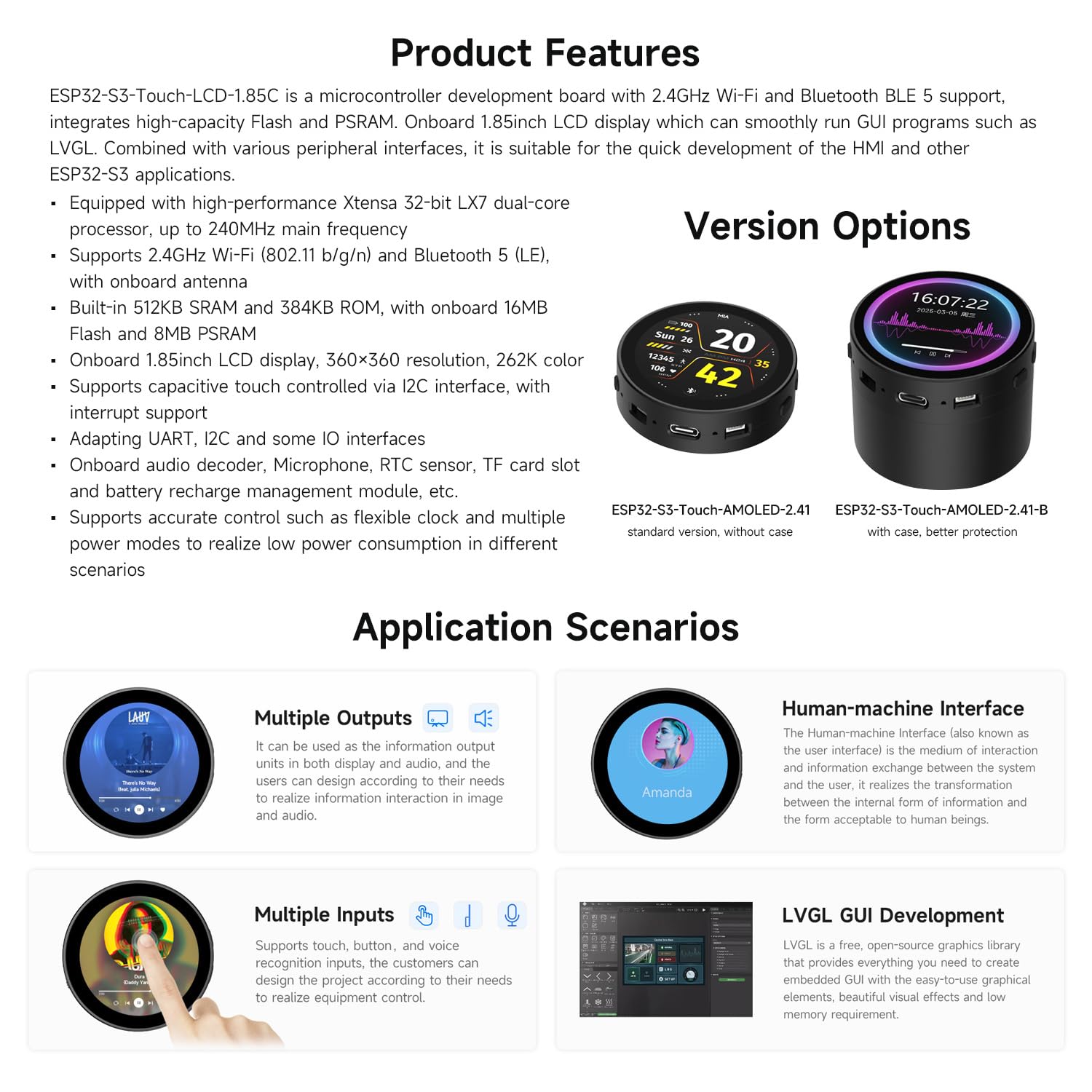 Waveshare ESP32-S3 Écran Tactile 1.85" LCD - Carte De Développement 360x360, WiFi BT, Capteur 6 Axes, Idéale Pour Projets HMI Et LVGL