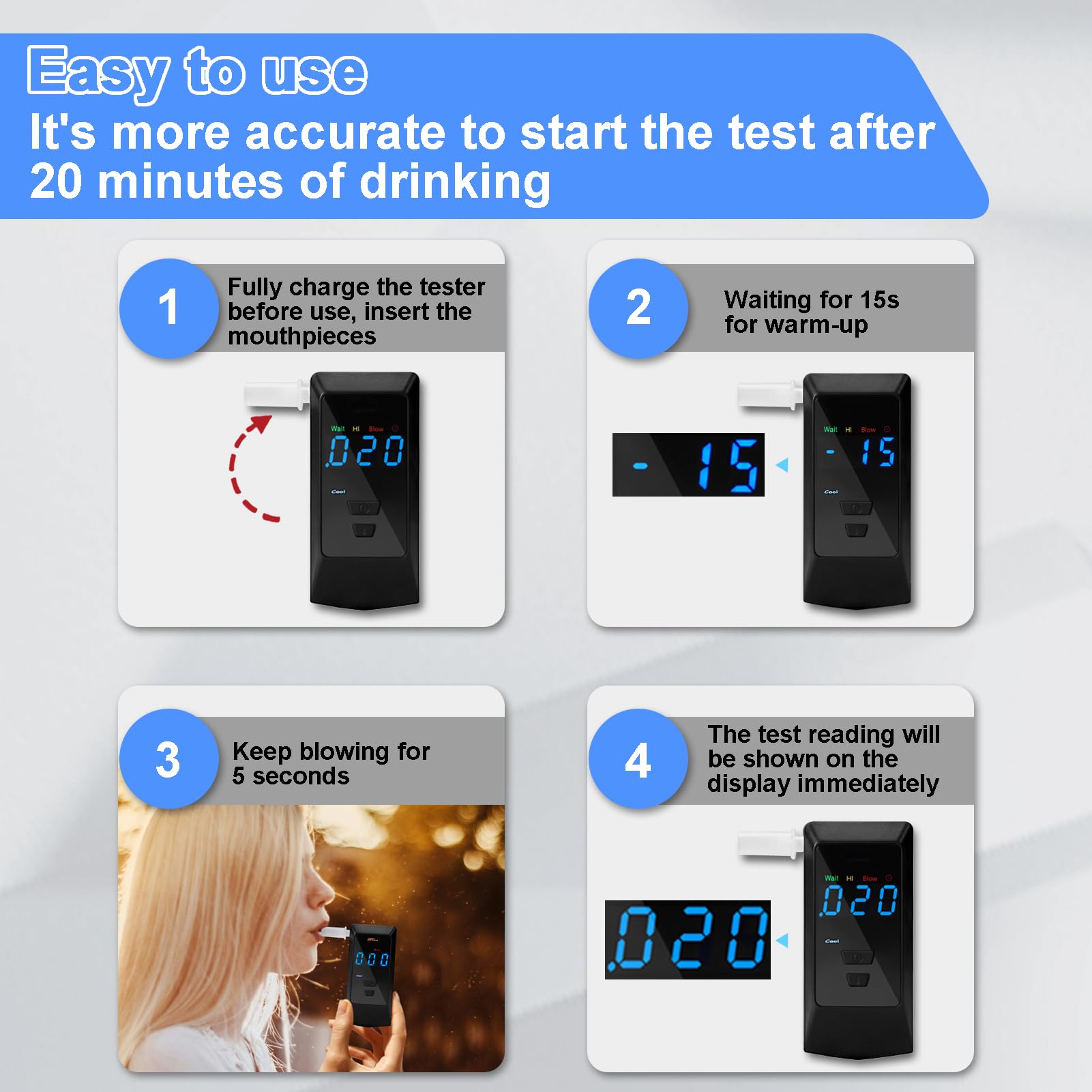 Homcoice Éthylotest Électronique Portable Avec 8 Embouts - Alcootest Rechargeable USB Précis Professionnel