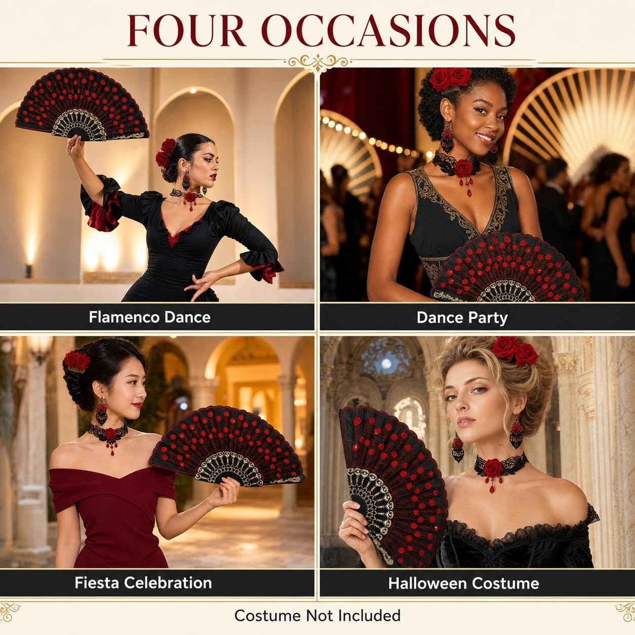 4 Pack Flamenco Accessories Spanish Dance Set with Fan, Rose Clip image 4