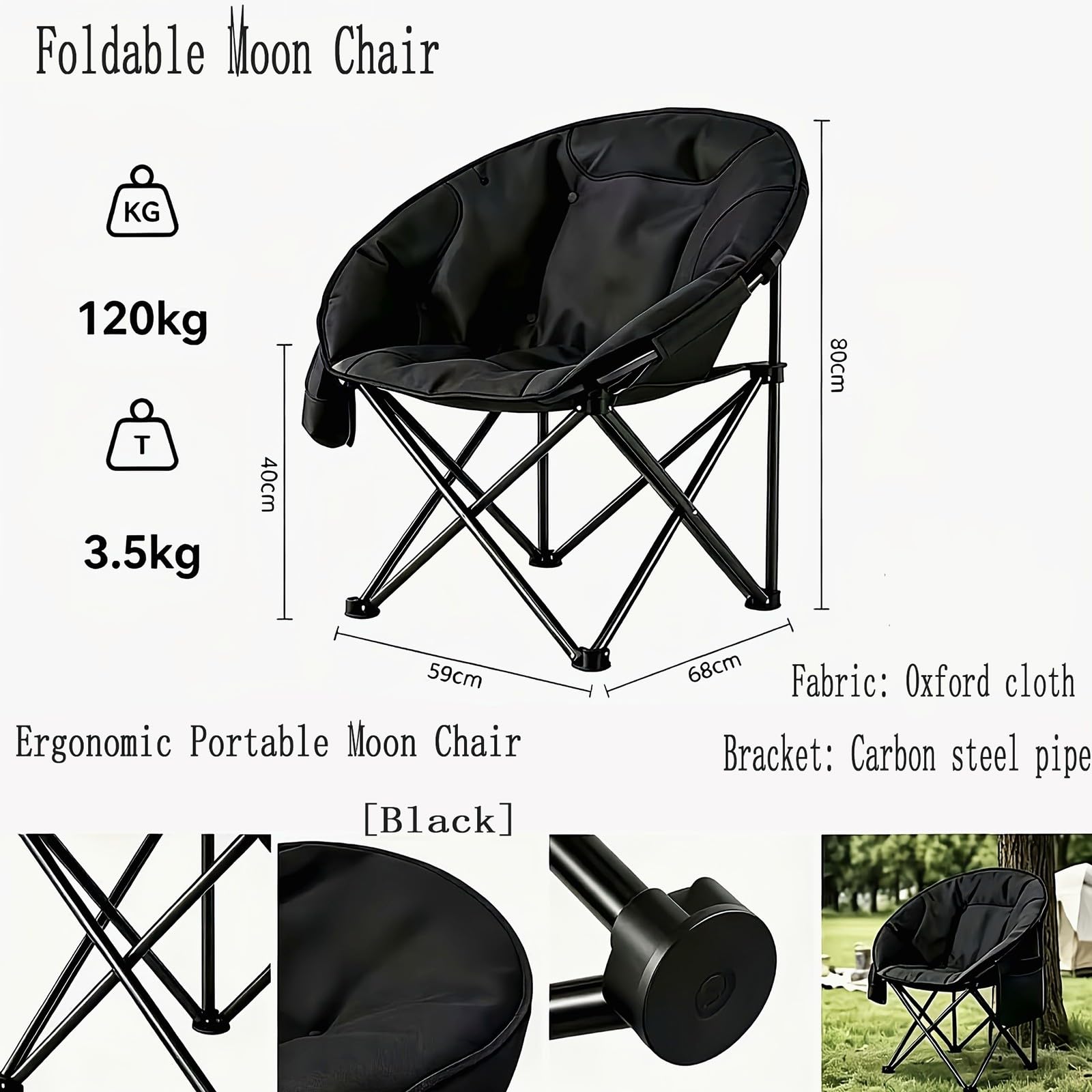 Chaise de Camping Pliable Surdimensionnée Portable avec Porte Gobelets et Accoudoirs Cadre Stable pour Extérieur Intérieur Camping Pêche Couleur Noir Gris C