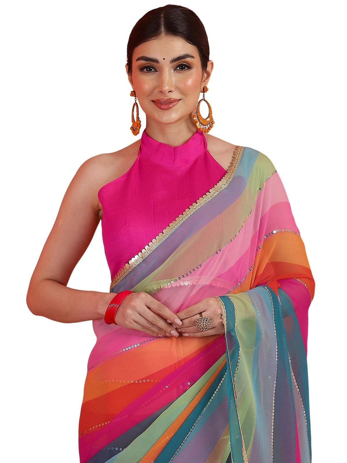 satrani Women's Georgette Printed Sequin Work Saree with Unstitched Blouse Piece-picture-36