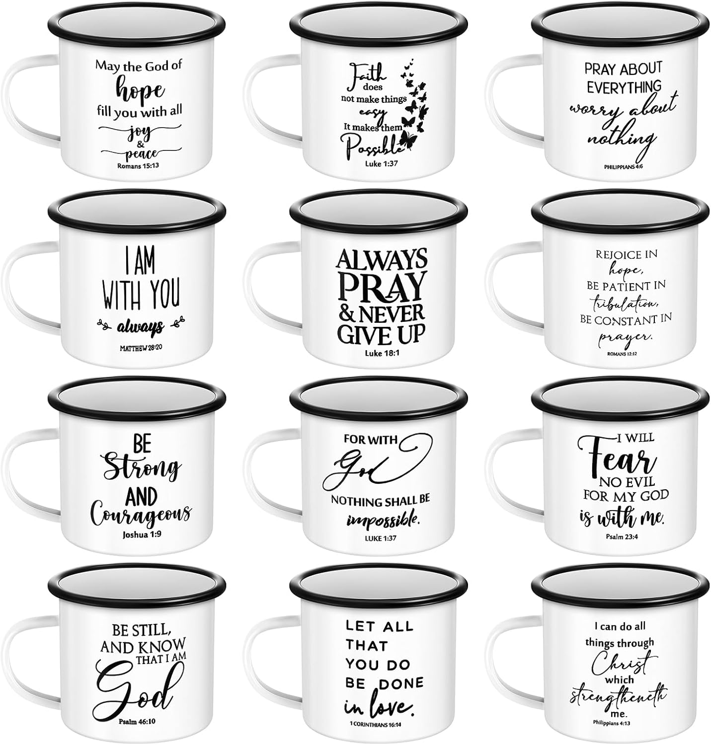 Mifoci Christian Enamel Mugs Gift for Church Inspirational Coffee Mugs with Handle Bible Verse Religious Camping Cups Church Party Favors Gifts for Clergy Pastor(White,12 Pcs)