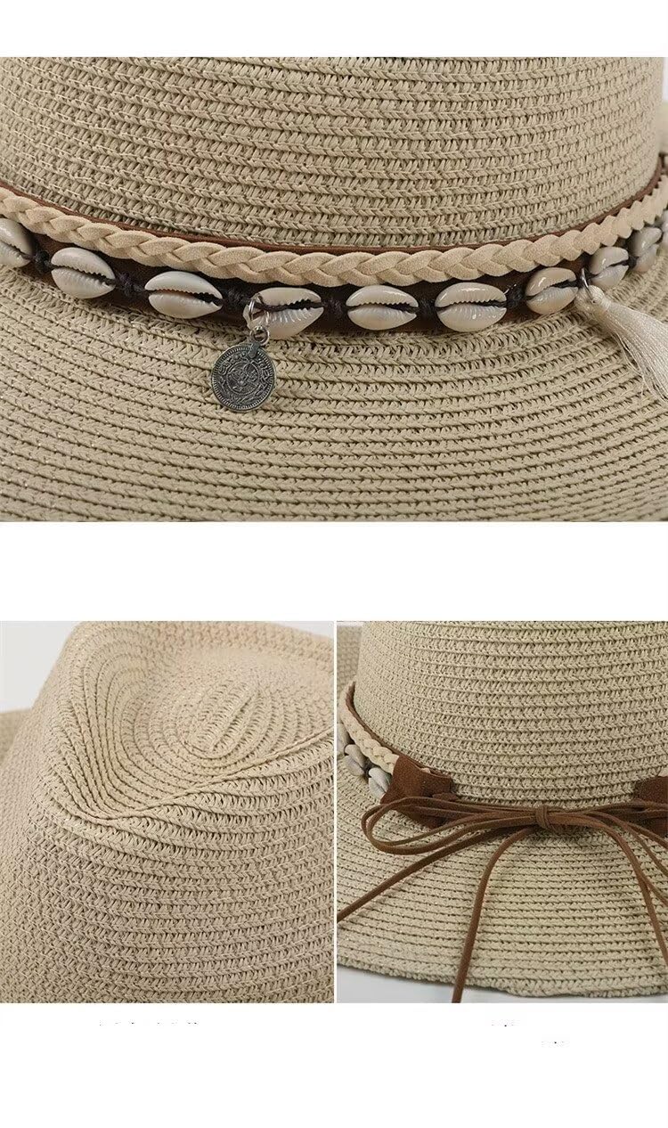 Women Wide Brim Fedoras Panama Hat Summer Sun Hat Ladies Straw Beach Jazz Cap Beige
