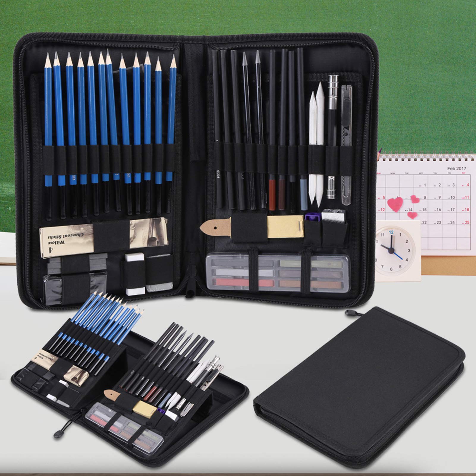 Skizzenstift, 48-teiliges professionelles Skizzierstift-Set, Tragetasche, Kunstmalwerkzeug-Set, Student, Schwarz