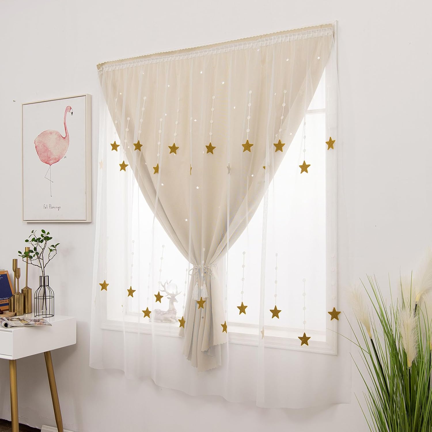 Beige Shooting Star Non-Punching Sticky Hollow Out Star Fabric Embroidered Double Layer Living Room Bedroom Study Blackout Thermal Insulated Curtains for Girls Bedroom Kids Room Decor