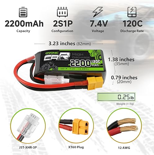Miniatura 2 de OVONIC Batería LiPo corta 2S 7.4V 2200mAh 120C con TRA Plug y XT60 Plug para RC Car RC Truck Avión, Helicóptero, Barco, Carreras RC Hobby 2 paquetes