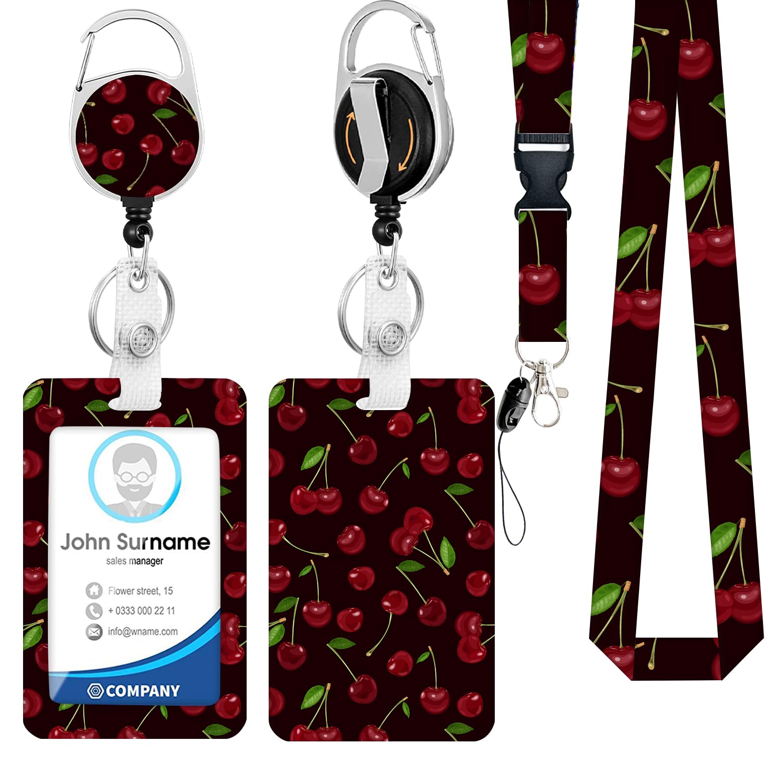 BUDUOZHI Lanyard with ID Holder Cherry Badge Holder with Retractable Reel Clip Badge Reel Heavy Duty with Carabiner Clip Card Name Tag Lanyard Vertical ID Card Protector Case for Nurse Teacher — image 1