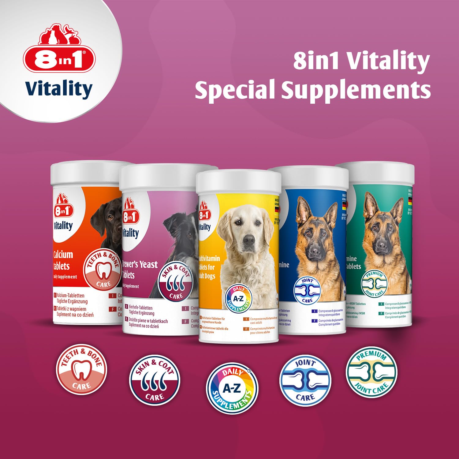 8in1 Compresse di Lievito di Birra per cani - Combinazione unica di vitamine per tutti i cani, supporta la cura della pelle e del pelo, 1 lattina (260 compresse)