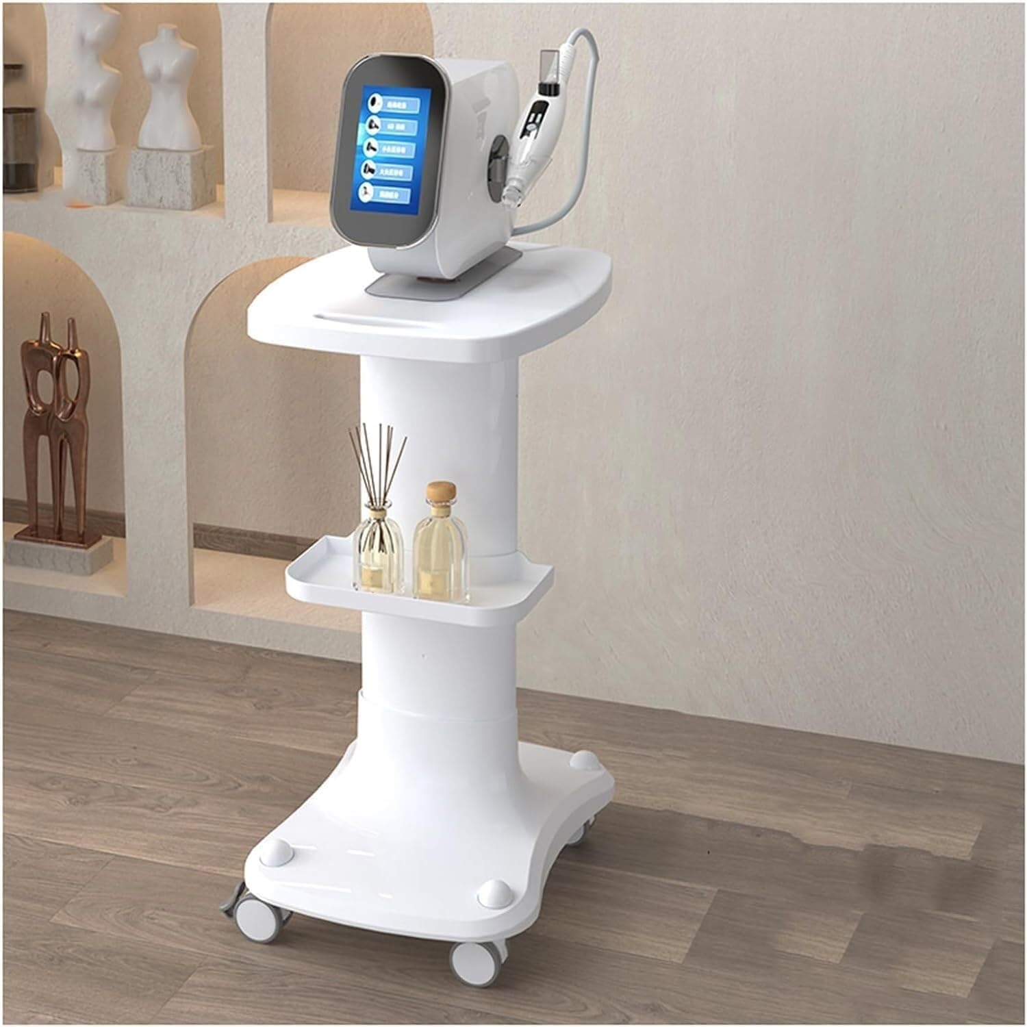 VUIKLCty Salon Cart Abs Salon Trolley With Wheels Trolley Cart Thickened Column Salon Rolling Cart Instrument Tray Salon Trolley Cart(White,With shelf)