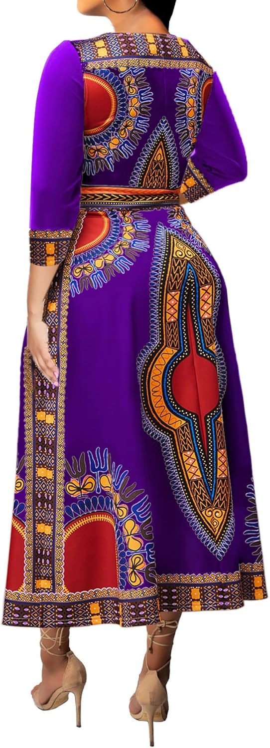 African Dresses for Women Elegant V Neck 3/4 Sleeve Casual Long Maxi African Attire Dress - Image 3