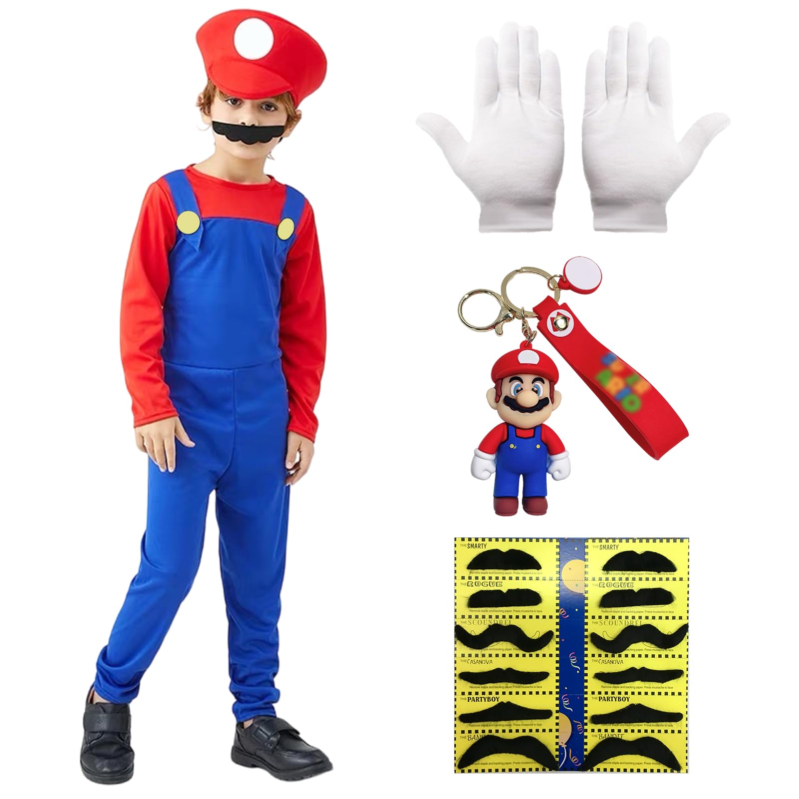 Suffolly Disfraz Mario y Luigi, Disfraz de Mario Cosplay para Niños Adulto, Bros Classic Disfraces 5pcs Set de Accesorios con Guantes, Bigote y Gorra de Luigi Disfraz Halloween Carnaval Navidad