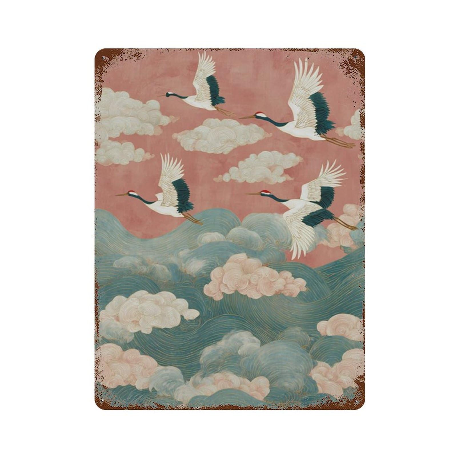 xiaoxiaoshen Japanese Crane Wave Flying Birds Ocean Asian Nature Wall Decor Art Metal Tin Poster Modern Home Decor Art Home Bar Shop Decorations Vintage Sign 40x30cm