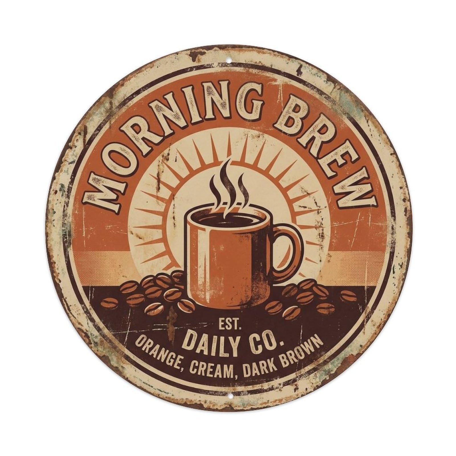 Morning Brew Espresso Barista Coffee Roaster Bean Roast Metal Tin Sign Plaque Wall Decor for Cafe, Man Cave, Club Bar, Office, Home Garden Round Metal Poster 8x8Inch