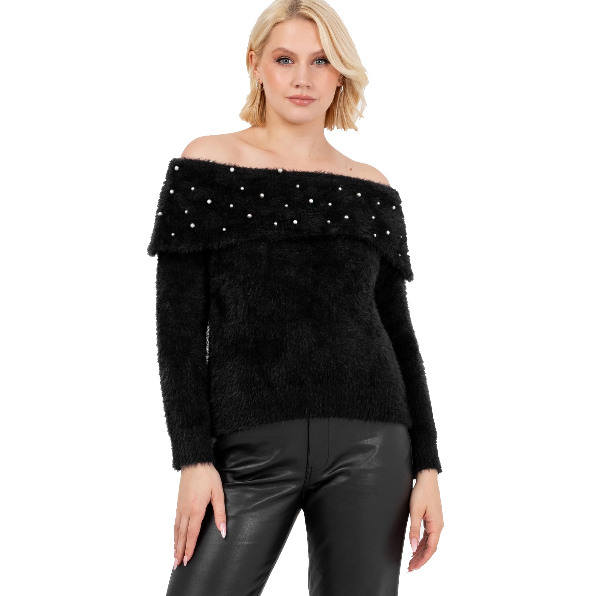 Lovedrobe Black Pearl Embellished Bardot Jumper - Womens Size 24-26