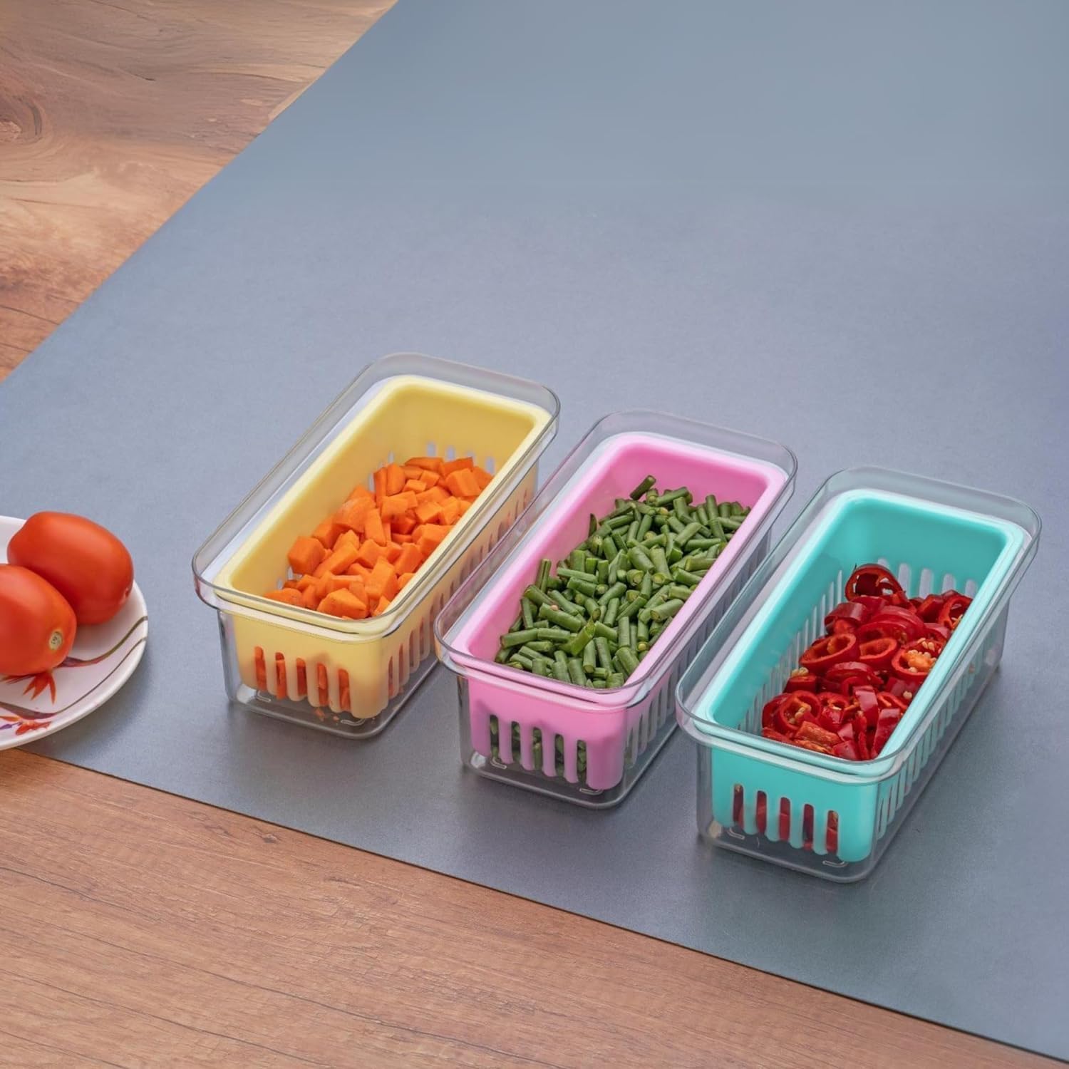 JIALTO Fridge Storage Boxes, Fridge Organiser and Storage With Removable Drain Plate Containers Keeps Fruits, Vegetables Fresh Longer Fridge Storage Containers For Kitchen (Pack Of 2, Multi Color)