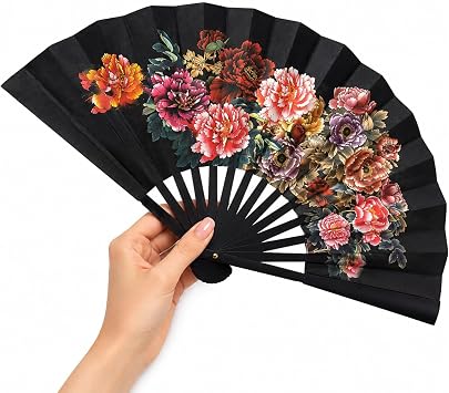 Coverzone Katlanabilir El Yelpazesi Siyah  i ek Desenli Japon Yelpazesi Ta nabilir El Fan  Yazl k Serinletici Dekoratif Dans ve Davet Aksesuar  47x26 cm