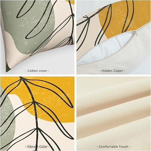 Miniatura 4 de Juego de 4 fundas de almohada cuadradas de lino con diseño abstracto bohemio de 24 x 24 pulgadas, diseño minimalista moderno y minimalista de hojas