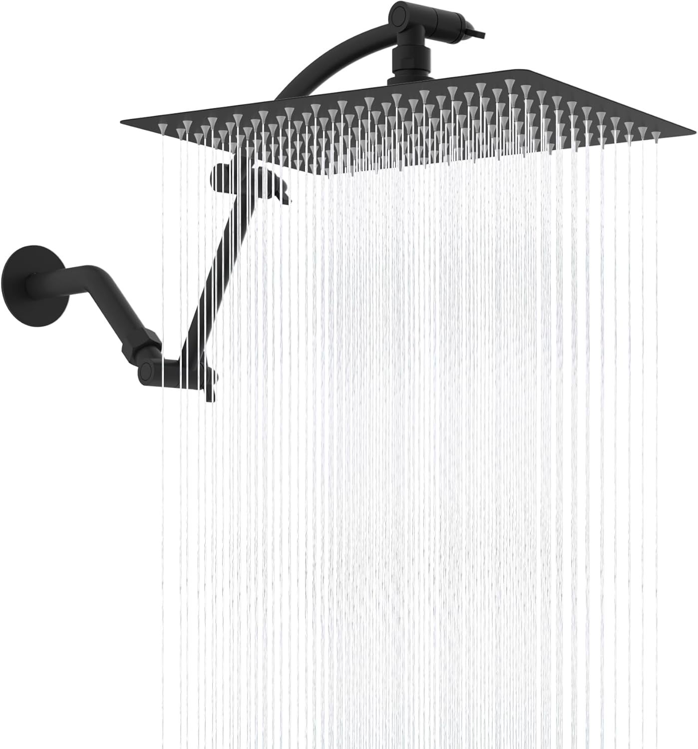 Hibbent All Metal Rain Shower Head, 12'' High Pressure Rainfall Showerhead with 16" Shower Head Extension Arm, Solid Brass Adjustable Shower Arm Extender, Waterfall fixed Showerheads, Matte Black Square 12'' Matte Black