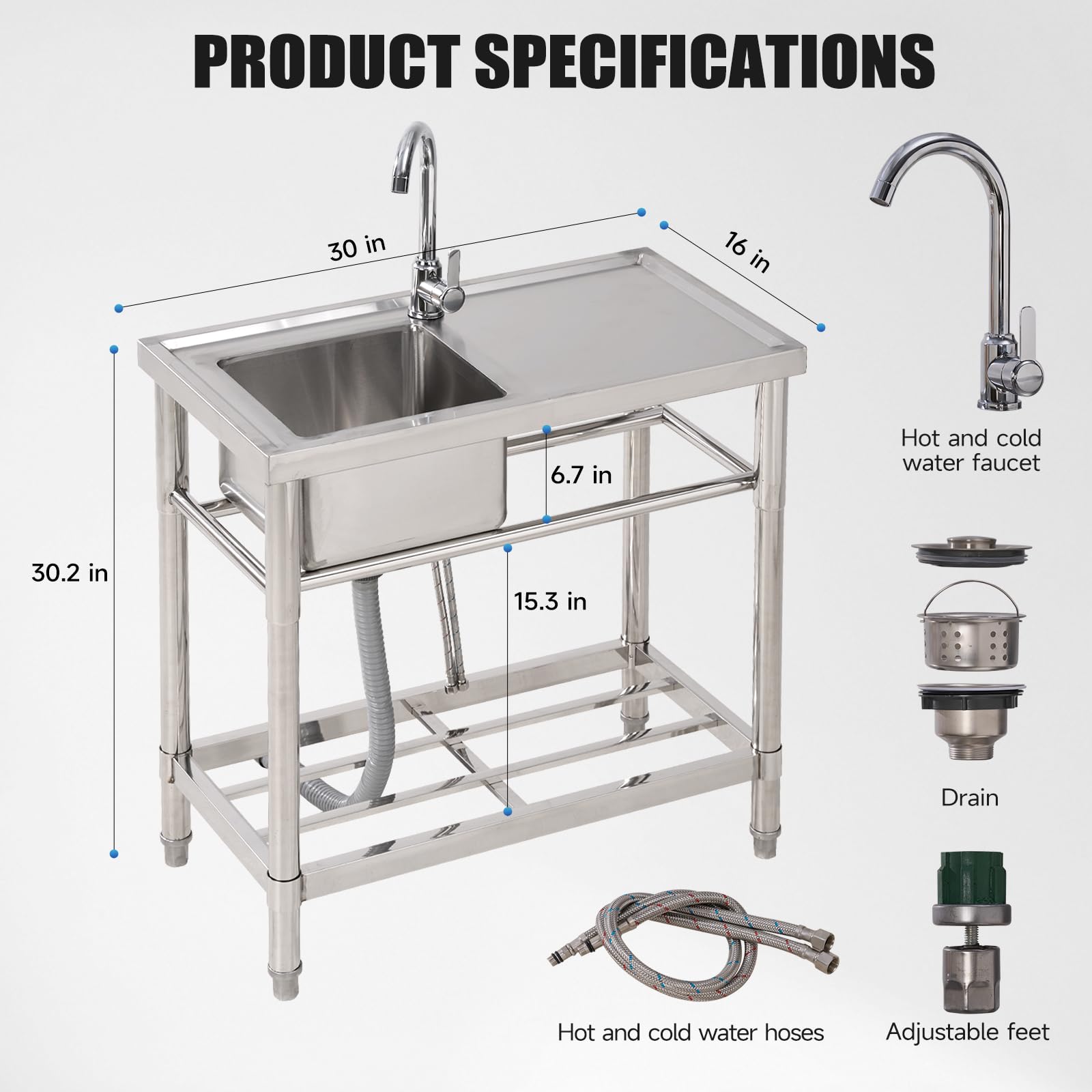 Garvee Évier Utilitaire Autoportant en Acier Inoxydable 30 Pouces, Mitigeur Chaud/Froid avec Plan de Travail Intégré et Étagère de Rangement, Évier Utilitaire Cuisine Garage Restaurant