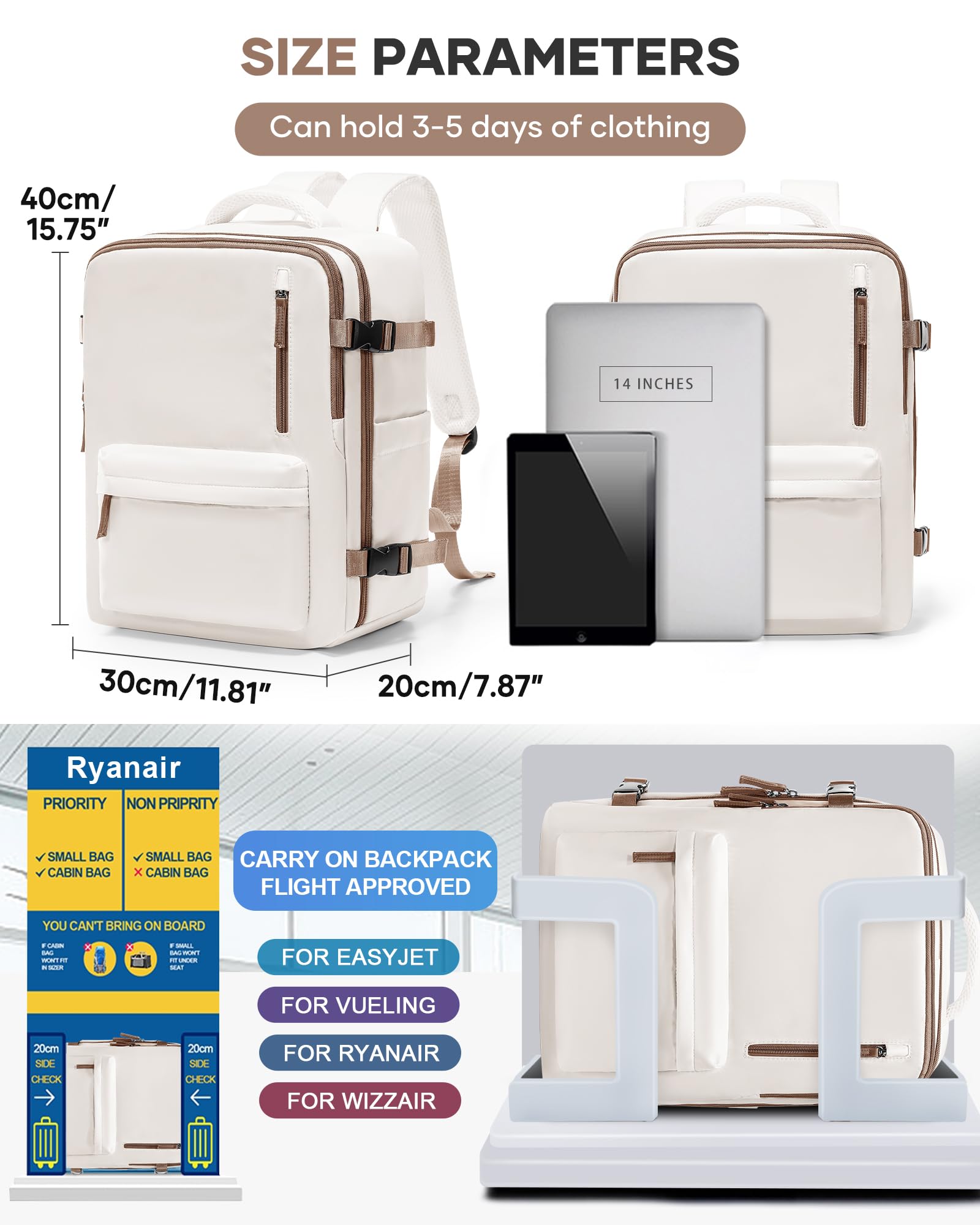 Borse da Cabina per Ryanair 40x20x25 Bagaglio a Mano Zaino Borsa Zaino da Viaggio, Zaino da trekking,da uomo, zaino casual per laptop da 14 pollici per scuola con porta di USB