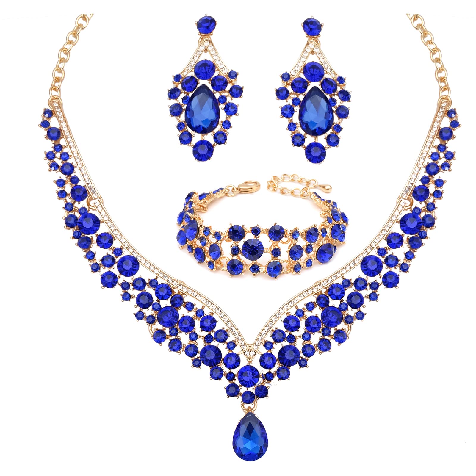 chaoyiteWomen's Statement Necklace Earrings Link Bracelet Set for Bride Austrian Crystal Wedding Bridal Costume Jewelry Sets