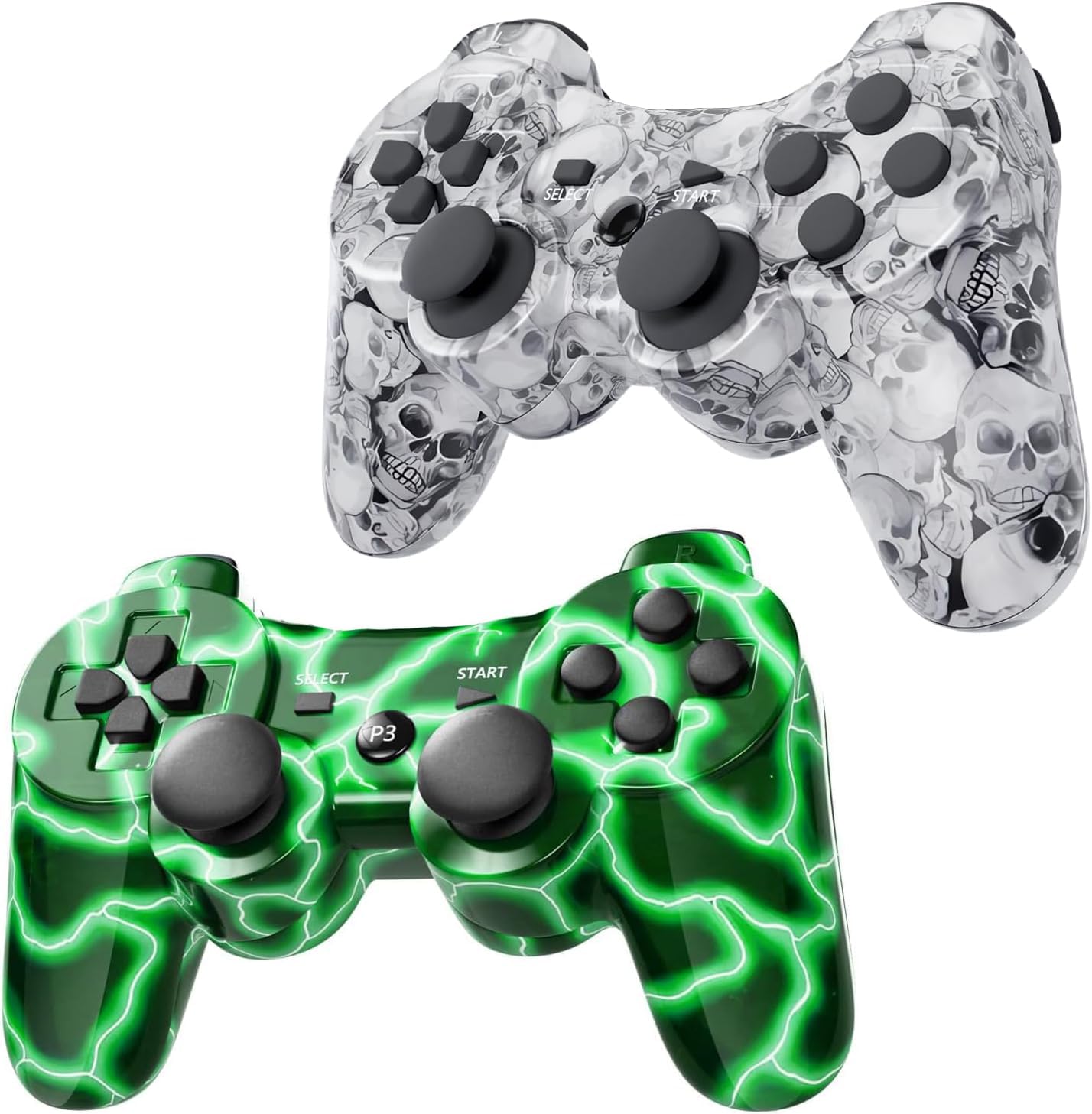 Burcica Wireless Controller for PS-3 Motion Sense Double Vibration Upgraded Gaming Remote for Play 3 with Charging Cord (GreenFlash+WhiteSkull)