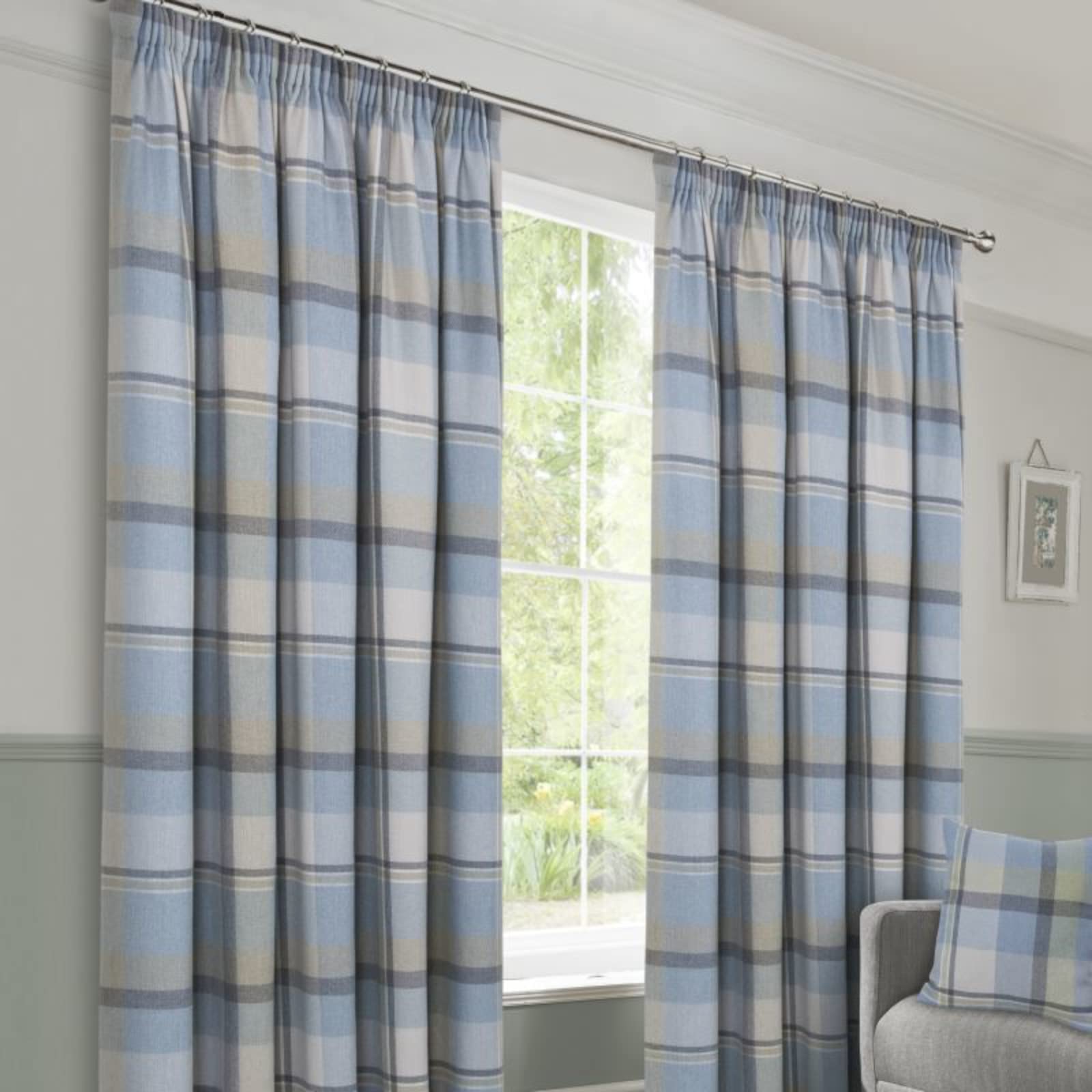 Kellyuk Duck Egg Braemar Blue Faux Wool Check/Checked Highland Tartan Tape Top Lined Curtains (, 90" X 90", Pair)