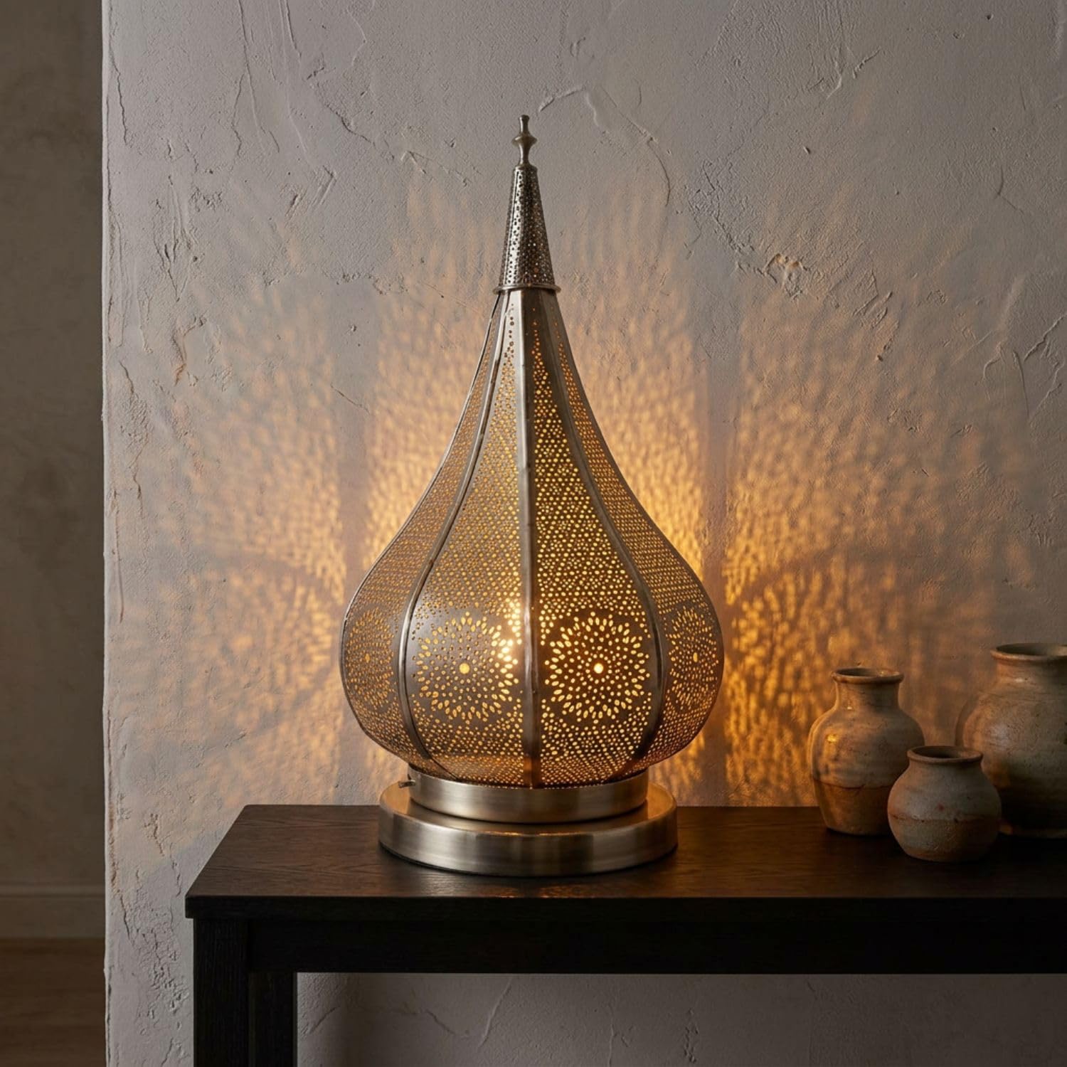 Orientalna mała lampa stołowa Kais 38 cm srebrna E14 | marokańska lampa stołowa mała z metalu, abażur | nowoczesna lampa na stolik nocny, styl vintage, retro i dworkowy