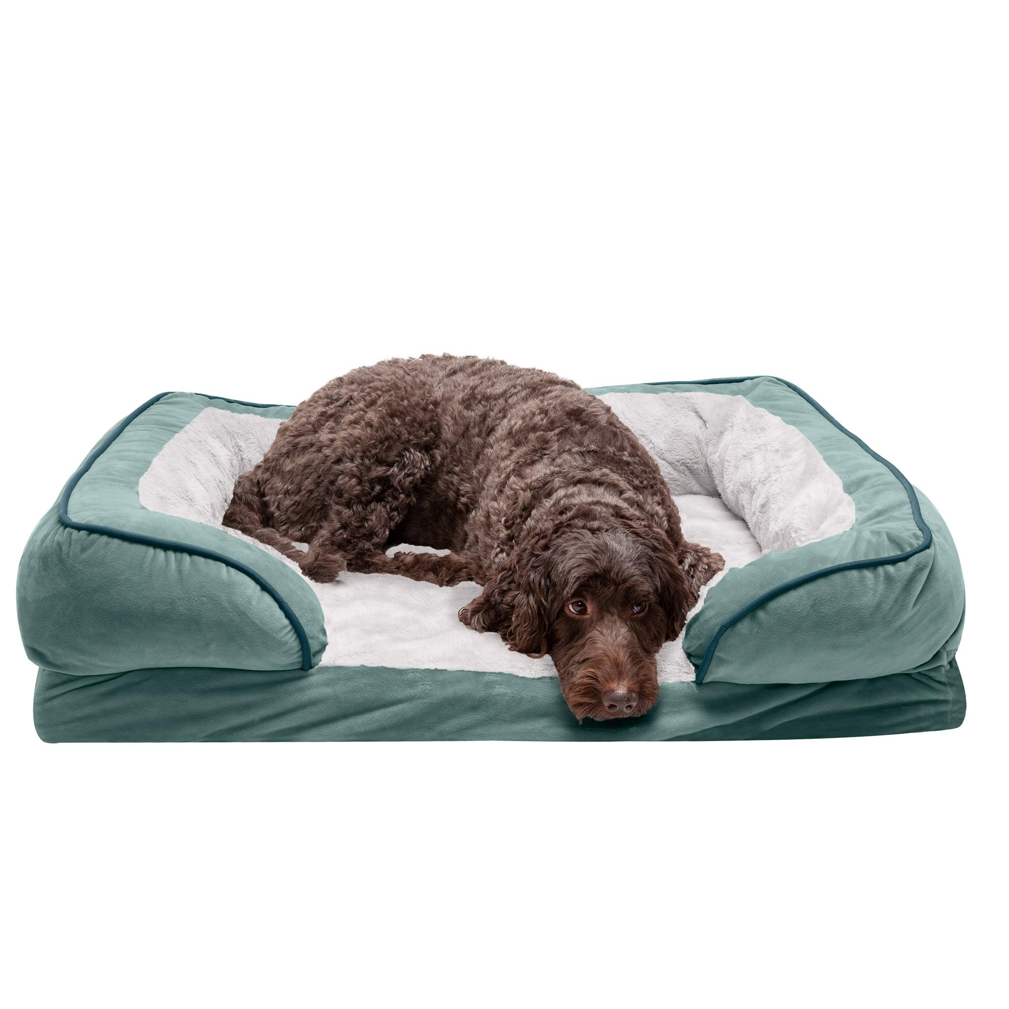 Furhaven Large Cooling Gel Foam Dog Bed Perfect Comfort Plush & Velvet Waves Sofa-Style w/ Removable Washable Cover - Celadon Green, Large